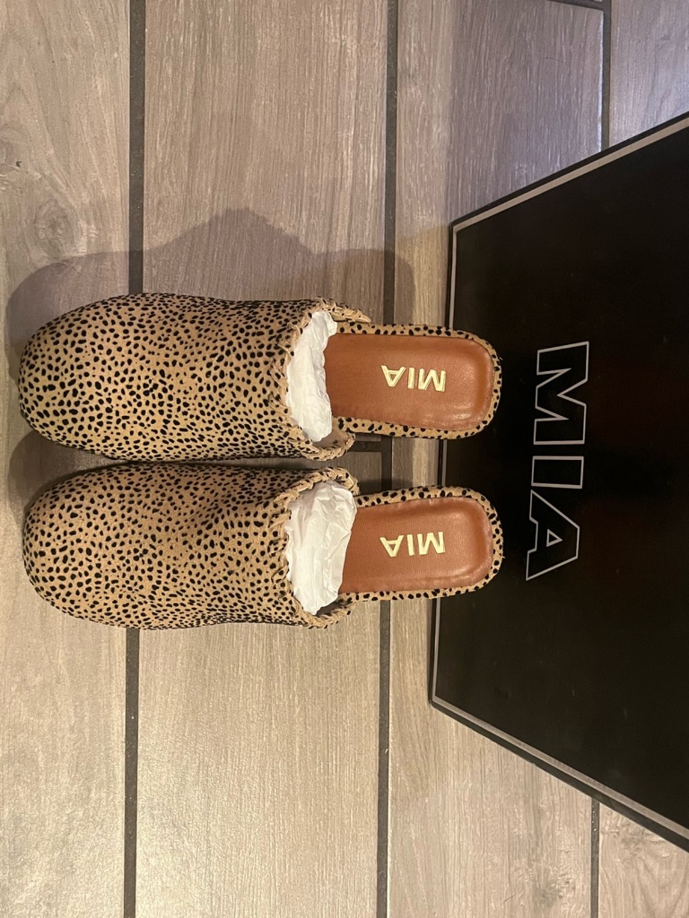 MIA Leopard-Print Slip-On Clogs studded Mules in Tan and Black closed toe NWB